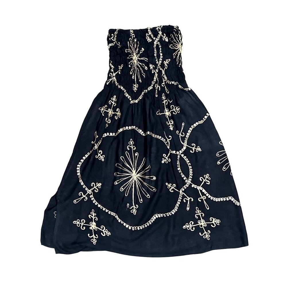 Black Strapless Smocked Embroidered Sequin Midi Dress Gold Scroll Starburst Boho - Picture 4 of 8